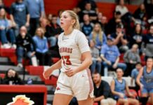 
			
				                                Tylie Brodina watches her shot during a game against Valley City at the Devils Lake Sports Center. (Photo by Cameron Carlson)
 
			
		