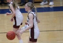 
			
				                                Hilary Haaven dribbles the ball towards midcourt. (Photo by Mojo Hill)
 
			
		