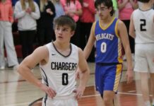 Nelson County earns trip to region tournament with rout of Benson County
Nelson Countys Brody Rainsberry looks up at the scoreboard during the Chargers win over Benson County on Tuesday. (Photo by Mojo Hill)