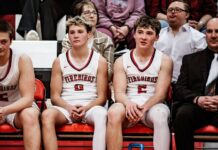 
			
				                                Devils Lakes Mason and Max Palmer watch from the bench as the Firebirds battle Thompson in their regular-season finale. (Photo by Cameron Carlson)
 
			
		