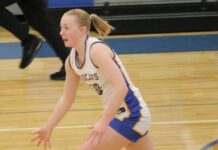 
			
				                                Benson Countys Aubrey Kenner hurries down the court in a game at Maddock High School. (Photo by Mojo Hill)
 
			
		