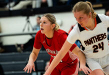 
			
				                                Devils Lakes Tylie Brodina matches up with Rugbys Alli Blessum. (Photo by Cameron Carlson)
 
			
		