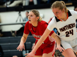 
			
				                                Devils Lakes Tylie Brodina matches up with Rugbys Alli Blessum. (Photo by Cameron Carlson)
 
			
		