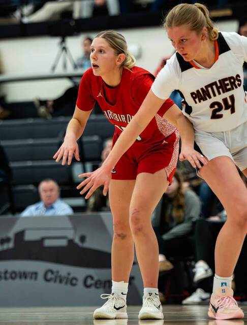 Devils Lakes Tylie Brodina matches up with Rugbys Alli Blessum. (Photo by Cameron Carlson)