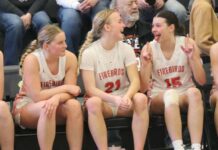 
			
				                                Left to right: Jenae Martinson, Presley Brown and Mia Elsperger sit on the bench immediately after winning the state seventh-place game at the Devils Lake Sports Center. (Photo by Mojo Hill)
 
			
		