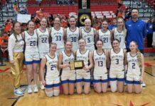 
			
				                                The Benson County Wildcats pose for one last team picture after taking third at the 2026 Division B girls basketball state tournament. (Photo via Maddock Public School Facebook)
 
			
		