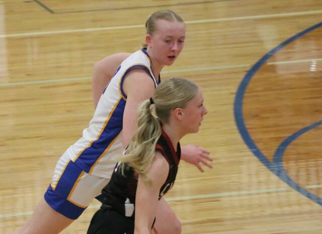 Benson Countys Aubrey Kenner chases after Langdon Area/Munichs Hilary Haaven during the District 4 championship game in Maddock. (Photo by Mojo Hill)