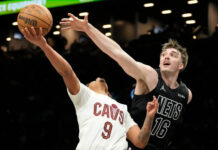 
			
				                                Cleveland Cavaliers guard Craig Porter Jr. (9) attempts to shoot past Brooklyn Nets forward Grant Nelson (16) during the second half of an NBA basketball game, Sunday, March 1, 2026, in New York. (AP Photo/Yuki Iwamura)
 
			
		