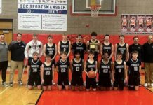 
			
				                                The Nelson County boys basketball team poses after taking second in the Region 2B tournament at the Devils Lake Sports Center. (Photo via Chargers Nation on Facebook)
 
			
		