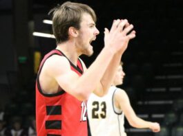 North Star returns to state tournament after grinding out win over Edgeley/Kulm/Montpelier
Hunter Hagler reacts after a play during North Stars state qualifier game against Edgeley/Kulm/Montpelier in Fargo. (Photo by Mojo Hill)