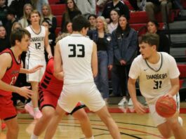 
			
				                                Nelson Countys Rider Schmidt dribbles with North Stars Hunter Hagler guarding him during the 2026 Ramsey County boys basketball tournament at the Devils Lake Sports Center. (Photo by Mojo Hill)
 
			
		