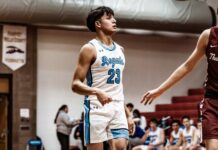
			
				                                Dalen Leftbear backpeddles near halfcourt during a basketball game for Lake Region State College at the Devils Lake Sports Center. (Photo by Cameron Carlson)
 
			
		