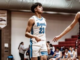 
			
				                                Dalen Leftbear backpeddles near halfcourt during a basketball game for Lake Region State College at the Devils Lake Sports Center. (Photo by Cameron Carlson)
 
			
		