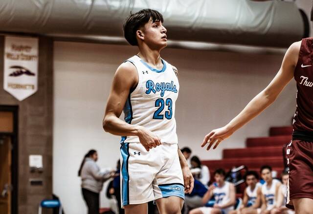 Dalen Leftbear backpeddles near halfcourt during a basketball game for Lake Region State College at the Devils Lake Sports Center. (Photo by Cameron Carlson)