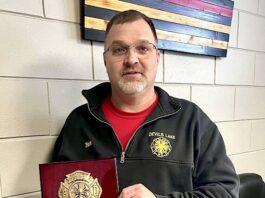 
			
				                                On Tuesday, March 17, Fire Chief Nate Bennett displays the plaque he received at an annual DLFD love feast several days earlier on Saturday, March 14 commemorating his years of service with the Devils Lake Fire Department.
                                 PHOTOS BY MARK C. ROBINSON

			
		