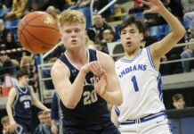 
			
				                                Four Winds/Minnewaukans Keyson Littlewind guards Shiloh Christians Carson Quam during the Division A state quarterfinals at the Fargodome. (Photo by Mojo Hill)
 
			
		