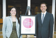 
			
				                                Haylee Senger from Bottineau submitted the winning You Betcha I Voted sticker design is shown here with North Dakota Secretary of State Michael Howe who unveiled the states new voting sticker recently during the North Dakota County Auditors Election Conference at the Heritage Center in Bismarck. (photo submitted by ND Secretary of States office)
 
			
		