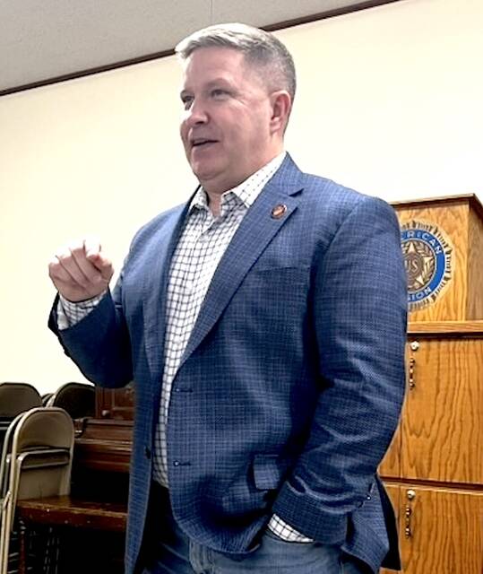 U.S. House candidate Trygve Hammer discusses the issues with attendees at a get-together at the Pekin Community Center on Thursday, March 19.
                                 Photo by Mark C. Robinson