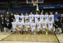 
			
				                                The Four Winds/Minnewaukan Indians pose for a team photo after taking fifth place at the 2026 Division A boys basketball state tournament. (Photo by Mojo Hill)
 
			
		