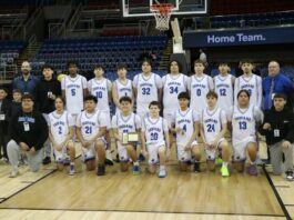 
			
				                                The Four Winds/Minnewaukan Indians pose for a team photo after taking fifth place at the 2026 Division A boys basketball state tournament. (Photo by Mojo Hill)
 
			
		