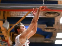 
			
				                                Ben Brodina follows through on a long-range shot. (Photo by Cameron Carlson)
 
			
		