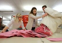 Many states count mail ballots that arrive after Election Day; those grace periods could go away
Election workers Heidi McGettigan, left, Margaret Wohlford, center, and David Jensen, unload a bag of ballots brought in a from a polling precinct to the Sacramento County Registrar of Voters office in Sacramento, Calif., June 5, 2018.
AP Photo/Rich Pedroncelli, File