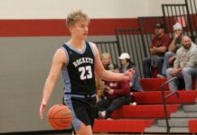 New Rockford-Sheyenne’s Easton Simon named all-state in basketball
Easton Simon dribbles past midcourt during a game against Carrington. (Photo by Mojo Hill)