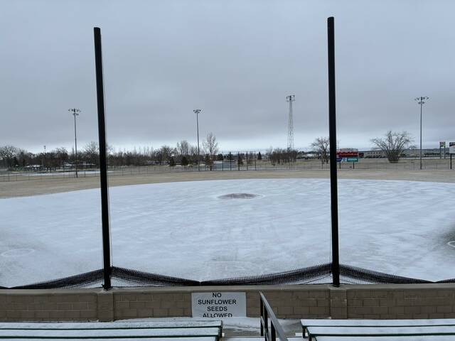 A shot of DLYA Field on the morning of Thursday, April 2, with snow almost entirely covering the infield.
                                 Photo by Mojo Hill