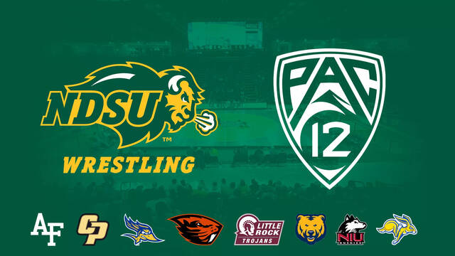 The logos for each school in the Pac-12 wrestling conference are laid out, with NDSU being the latest addition.
                                 Photo courtesy of NDSU Athletic Communications