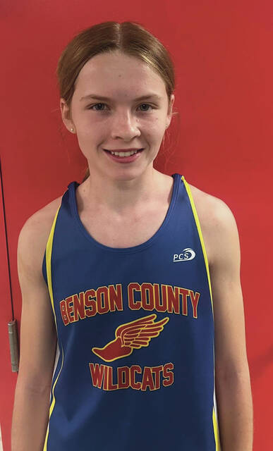 Benson County junior Evyn Jacobson poses after winning the 1600 for the second time this season.
                                 Photo courtesy of Benson County Track & Field on Facebook