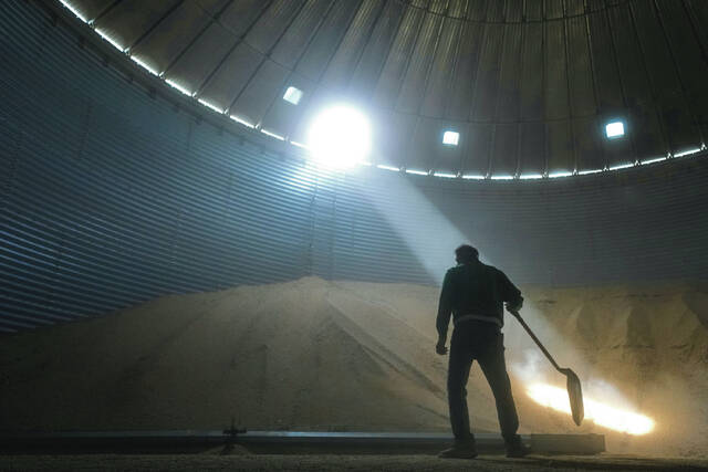 Doug Bartek shovels soybeans in a bin on his farm near Wahoo, Neb., on Monday, April 6, 2026.
                                 AP Photo/Charlie Riedel
