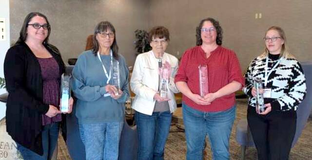 Among those honored during the NDLC 2026 Spring Workshop were 110% Award winners, left to right, Tabitha Arnaud (Kindred), Doris Greenwood (Munich), Desiree Hanson (Tioga), Terry Macdonald (Hazelton), and Ronica Pederson (Tioga).
                                 courtesy photo