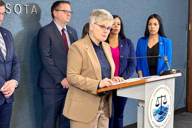 Hennepin County Attorney Mary Moriarty announces charges against an Immigration and Customs Enforcement agent related to a February incident on Thursday, April 16, 2026 in Minneapolis, Minn.
                                 AP photo/Mark Vancleave