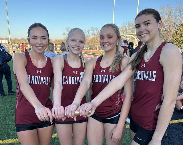 Left to right: Olivia Lorenz, Mya Swanson, Hallie Overby, Taya Feist. The quartet qualified for state in two relay events on Monday, April 20.
Photo courtesy of Langdon-Munich Cardinal Track and Field