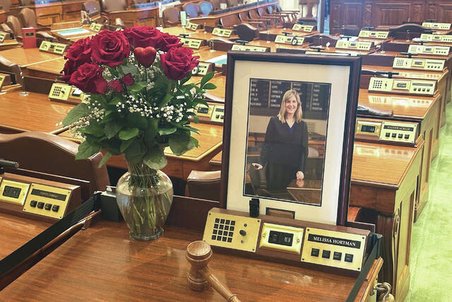 Former Minnesota House Speaker Melissa Hortmans desk sits empty in memoriam except for flowers, her portrait and a gavel in the Minnesota House chamber Wednesday, March 18, 2026, at the State Capitol in St. Paul, Minn.
                                 AP Photo/Steve Karnowski
