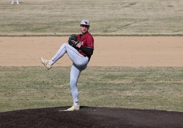 Jax Johnson goes into his windup on the mound for Langdon Area/Munich.
                                 Photo by Mojo Hill