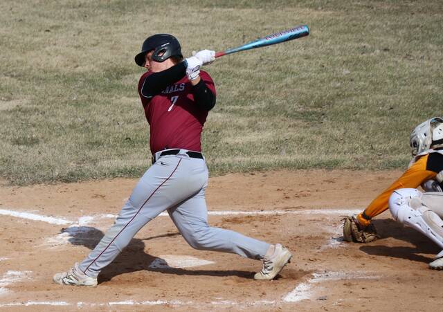 Theo Romfo swings at a Tucker Omdahl offering.
                                 Photo by Mojo Hill