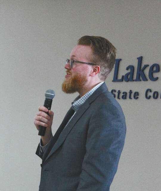 Keynote speaker Ben Bergstrom shares some of his history at the 33rd annual Honor Recognition Luncheon held on April 29, 2026, at Lake Region State College.
                                 Photo by Louise Oleson