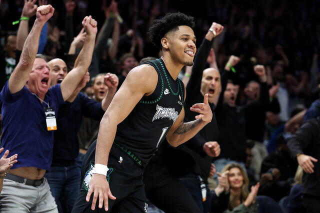 Minnesota Timberwolves guard Terrence Shannon Jr. (1) celebrates his three-point basket against the Denver Nuggets during the second half of Game 6 of a first-round NBA basketball playoffs series, Thursday, April 30, 2026, in Minneapolis.
                                 AP Photo/Matt Krohn