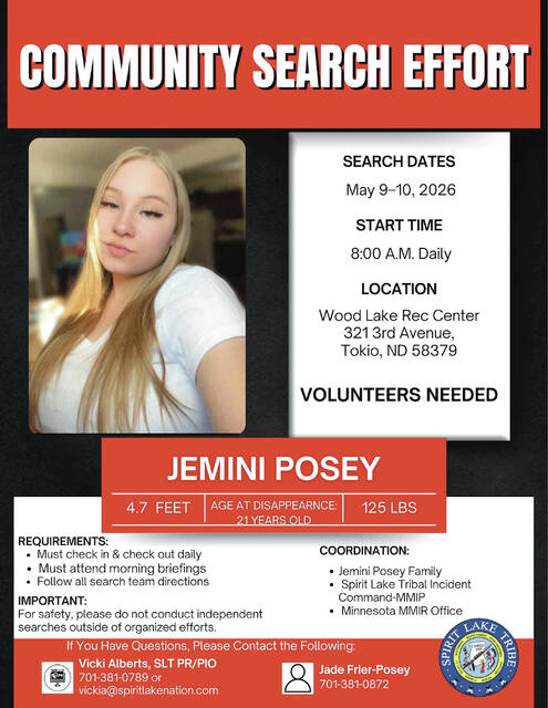 Poster released on the Spirit Lake Tribes Facebook page about the new search for Jemini Posey.
                                 Photo courtesy of Spirit Lake Nation