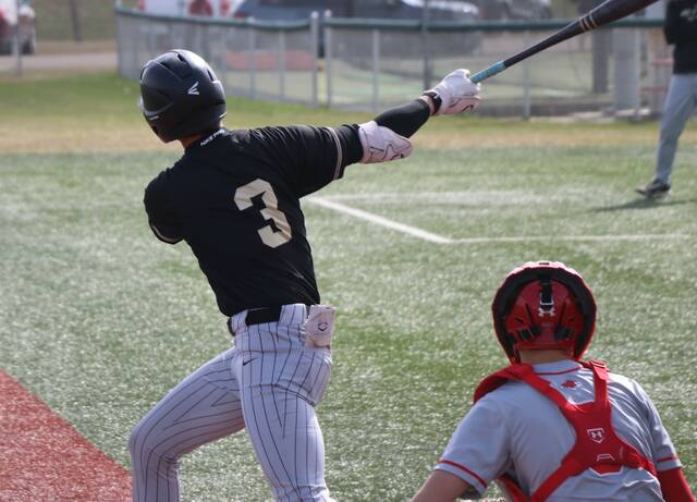 Devils Lake catcher Ben Brodina watches while Horaces Cason Borchardt follows through on a swing.
                                 Photo by Mojo Hill