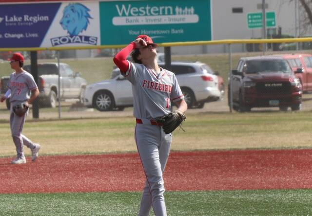 Max Palmer reacts after allowing a leadoff home run to Cason Borchardt.
                                 Photo by Mojo Hill