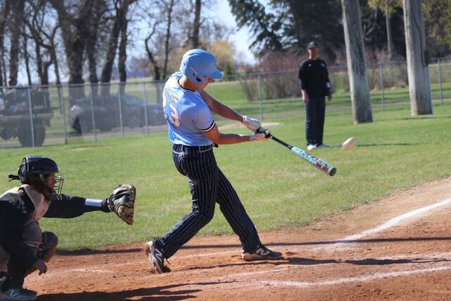 New Rockford-Sheyennes Easton Simon connects on a swing.
                                 Photo by Mojo Hill