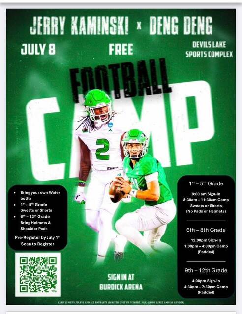 A promotional flyer for the football camp being hosted in Devils Lake by Deng Deng and Jerry Kaminski. For a clearer, full-color view of the flyer, visit the Devils Lake Journal Facebook page.