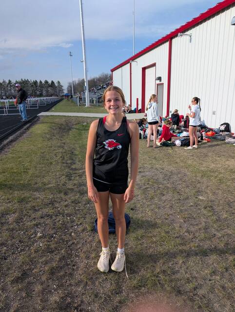 Devils Lakes Aubryn Wiberg poses after breaking an eighth-grade school record in the triple jump.
Photo courtesy of Devils Lake Firebirds Track and Field