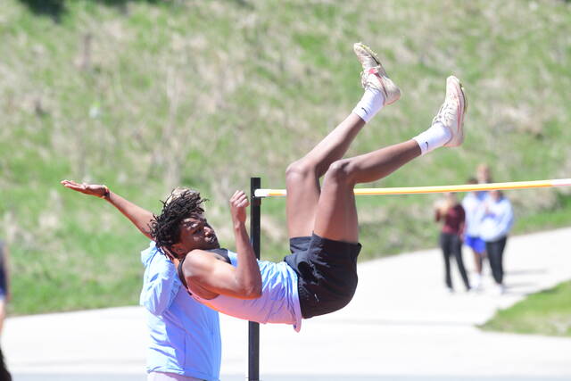 Marial Deng leaps over the bar during the high jump for New Rockford-Sheyenne at the 701 Apparel Meet in Jamestown.
Photo courtesy of New Rockford Transcript