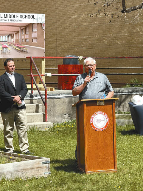 Mayor Jim Moe speaks at the Thursday, May 14 groundbreaking in the courtyard of Central Middle School.
Photo courtesy of Kristin Kenner