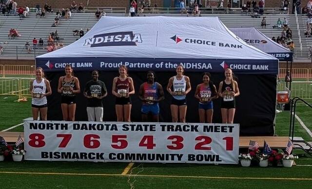 Devils Lakes Sara Kraft stands in first place on the podium after winning a state championship in long jump.
Photo courtesy of Devils Lake Firebirds Track and Field