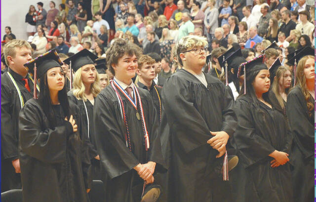 Devils Lake High School graduates stand by during the commencement ceremony on Sunday, May 24 at the Devils Lake Sports Center.
Photo by Isaac Vaagen