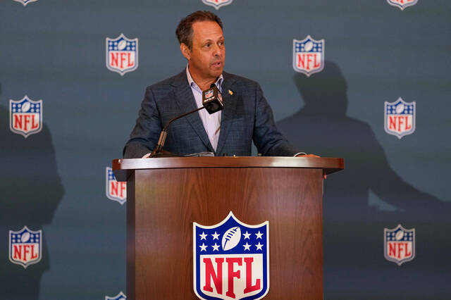 Minnesota Vikings owner Mark Wilf speaks during a news conference at the NFL football owners meetings Tuesday, May 19, 2026, in Orlando, Fla.
                                 AP Photo/John Raoux